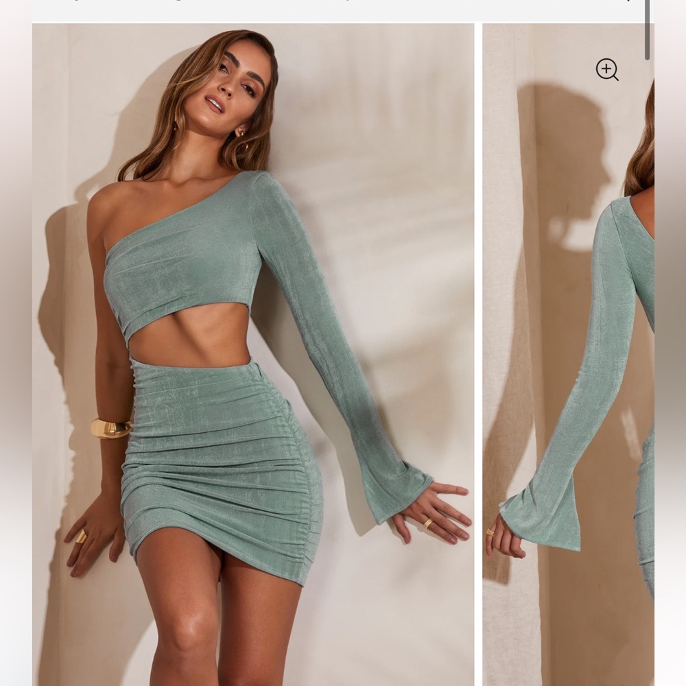 Oh Polly One-Shoulder Cutout Long Sleeve Mini Dress in Sage